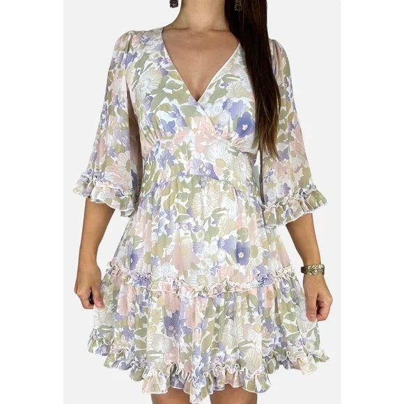 DOTTI Pastel Floral Print Bell Sleeve Backless Ruffle Trim Mini Dress Size AU 12 - Picture 1 of 10